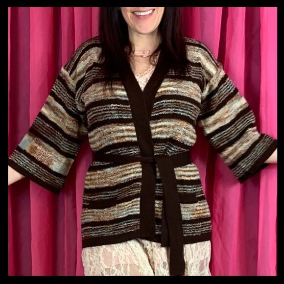 Vintage 70s Rochelle California short tan and brown striped cabana robe